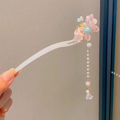 Elegant Chinese Style Hair Accessory Romantic Enameled Flower Tassel