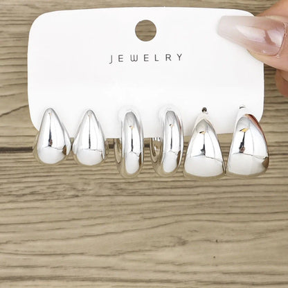6pcs Chunky Gold Plated Waterdrop Hoop Earring Set For Women European